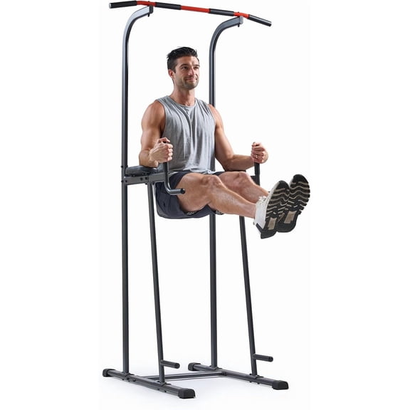 Sunny Health & Fitness Multi-Function Compact Power Tower 300 LB Capacity Strength Training Fitness Equipment with Captains Chair, Dip Station, Pull Up Bar, Push Up & Core Workout - SF-XF924016