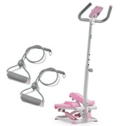 Pink Mini Stepper w Handlebar & Resistance Band, Compact Stair Climber Cardio Machine w Free SunnyFit App Via Bluetooth – P2410 by Sunny Health & Fitness