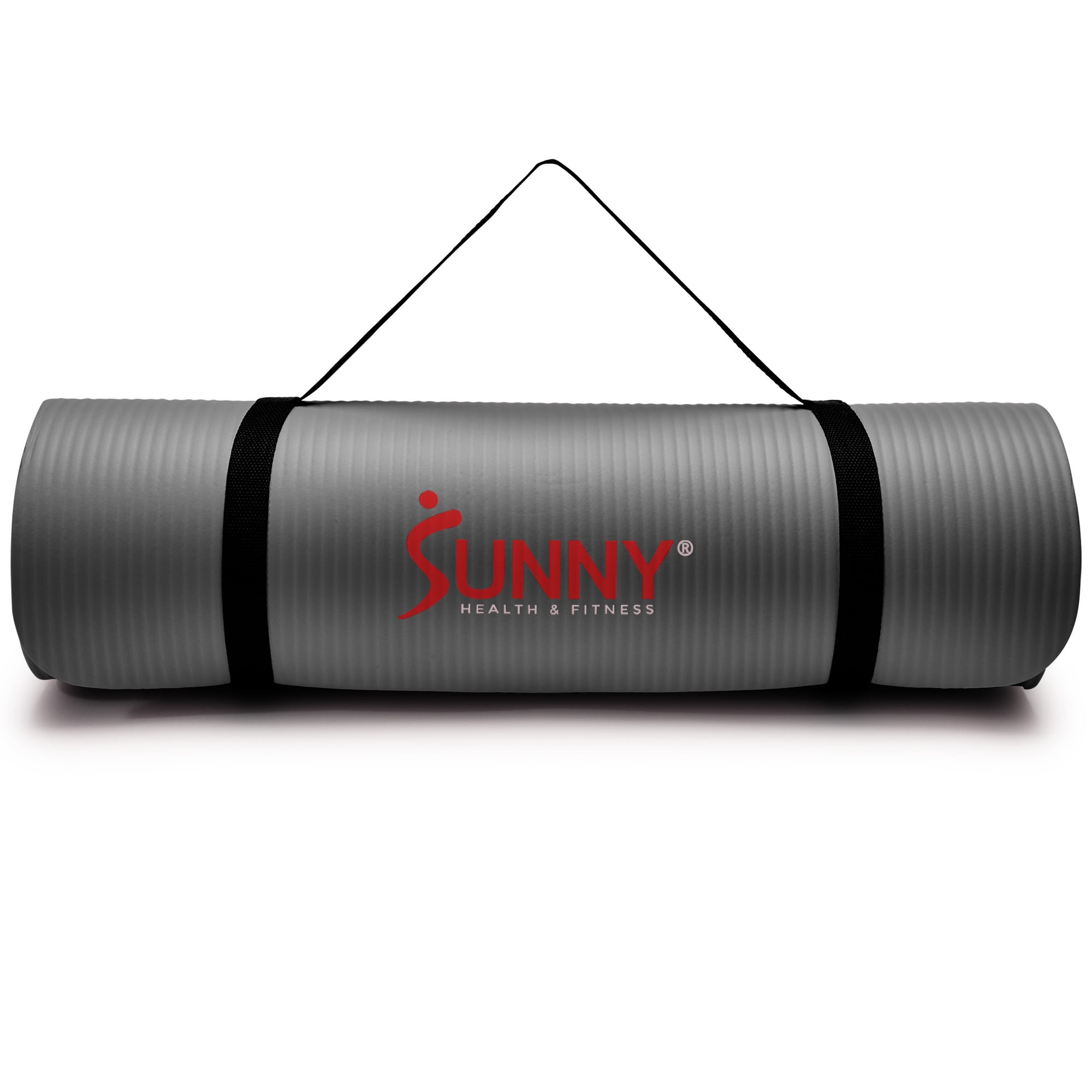 Sunny Health & Fitness Premium 1/2-Inch Extra Thick Exercise Yoga Mat Non-Slip High Density Pilates and Floor Workout Elastic Strap Portable with Carrying Strap- Grey - 74 x 24 Inches - SF-EM03-GY