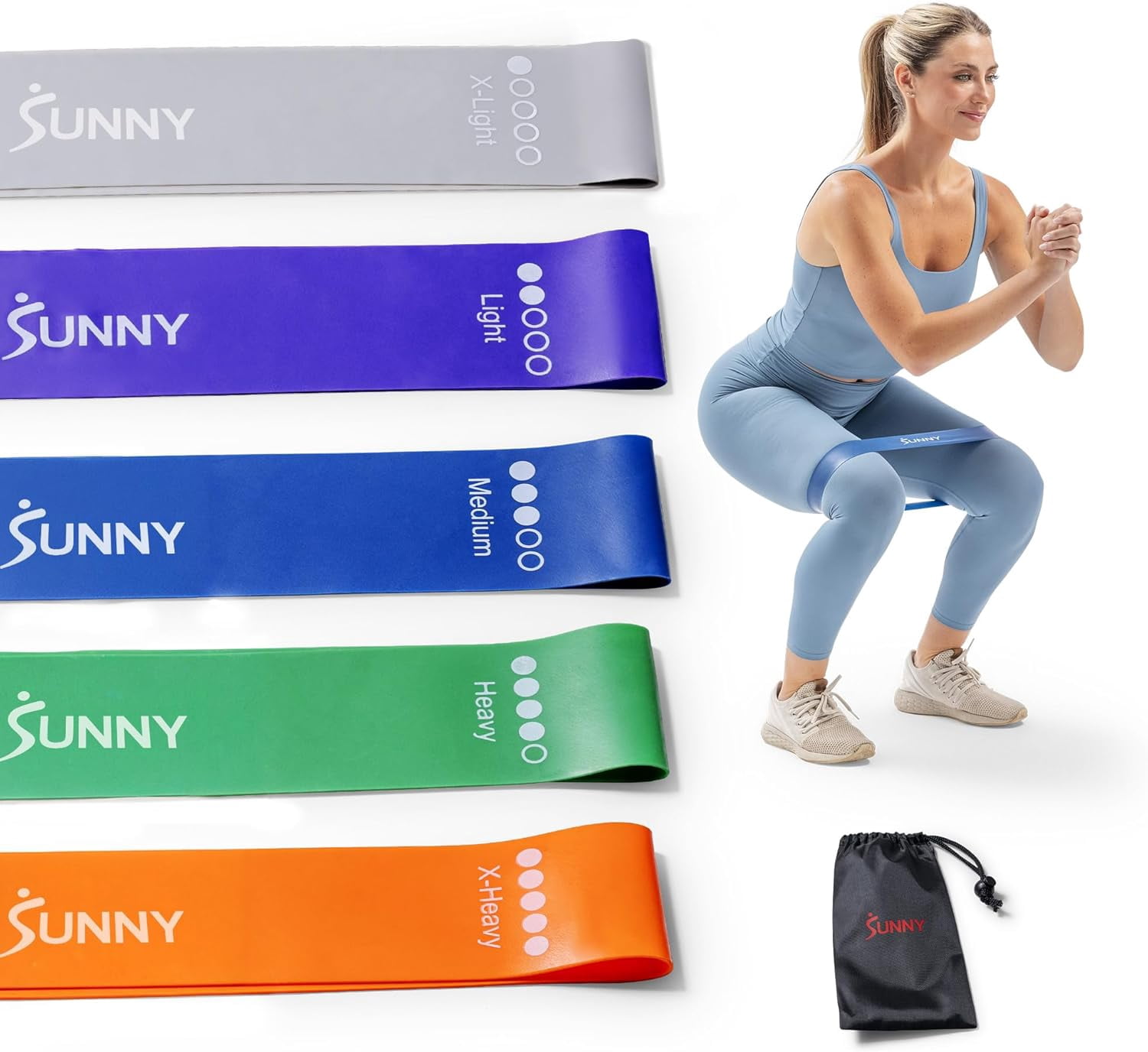 Sunny Health & Fitness Resistance Loop Bands - 5 Levels of Color-Coded Exercise Bands for Legs, Glutes & Strength Training - Portable Snap-Resistant Loop Set for Yoga, Pilates & Mobility