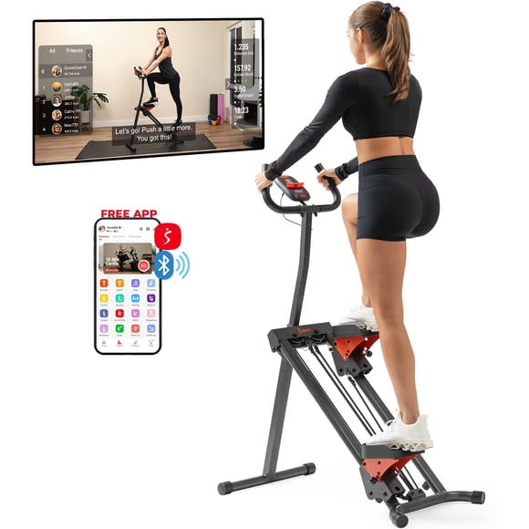 Sunny Health & Fitness Smart Foldable Cardio Stair Climber with Balance Assist Cords and SunnyFit App TrainerLed Workouts and Performance Tracking