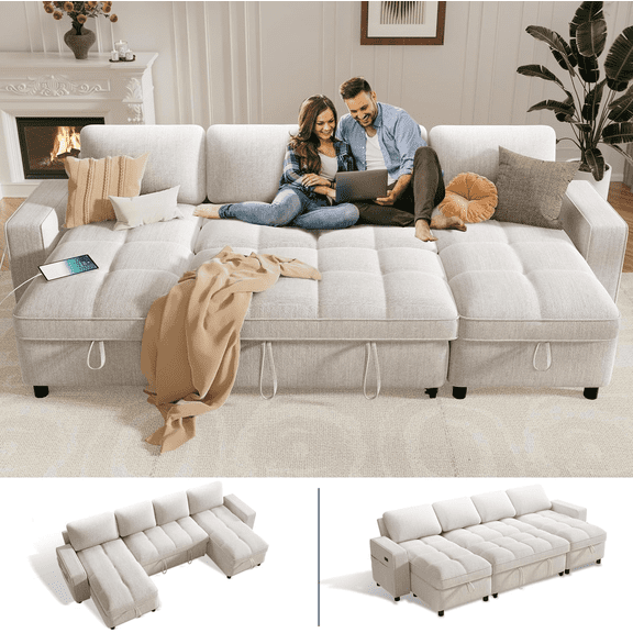 Sunny Heart Modular U - Shaped Chenille Sleeper Sofa with Pull - Out Bed, USB Ports, Adjustable Backrest & 2 Storage Seats, Tool - Free Assembly, Beige for Living Room