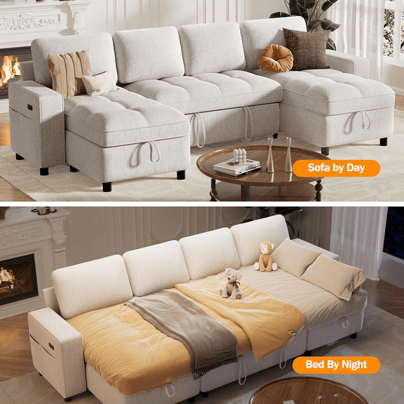 Sunny Heart Modular U - Shaped Chenille Sleeper Sofa with Pull - Out Bed, USB Ports, Adjustable Backrest & 2 Storage Seats, Tool - Free Assembly, Beige for Living Room