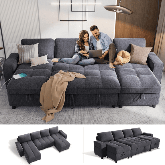 Sunny Heart Modular U - Shaped Chenille Sleeper Sofa with Pull - Out Bed, USB Ports, Adjustable Backrest & 2 Storage Seats, Tool - Free Assembly, Dark Grey for Living Room