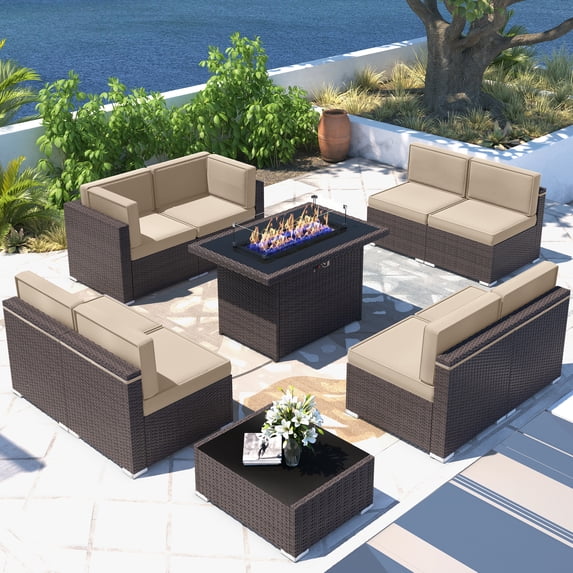 Sunny Hill 10 Count Metal Weatherproof Outdoor Conversation Sets with Coffee Table, Brown/Beige