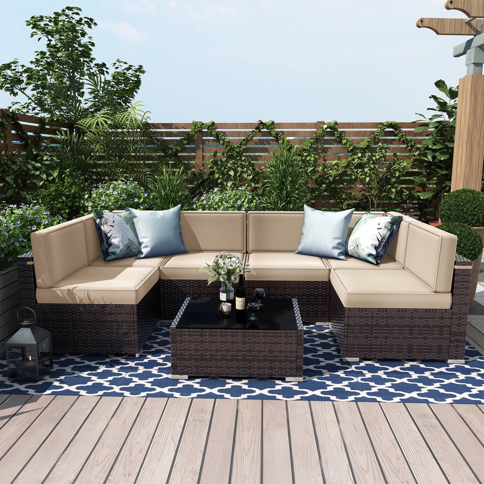 Sunny Hill 7 Metal Sectional Outdoor Conversation Sets with Chair and Table, Brown/Beige
