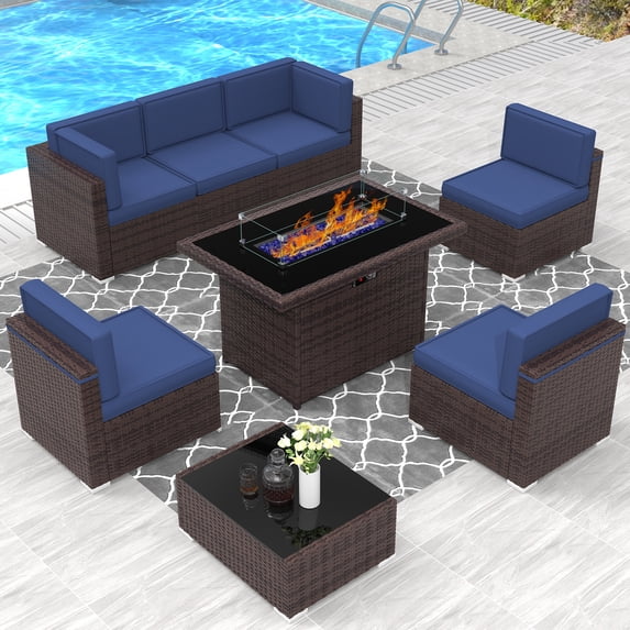 Sunny Hill 8 Piece 44" Propane Gas Fire Pit Table, Outdoor Sectional Conversation Set with Coffee Table