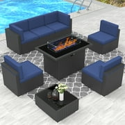 Sunny Hill 8 Steel All Weather Outdoor Conversation Sets with Sofas and Table, Navy Blue