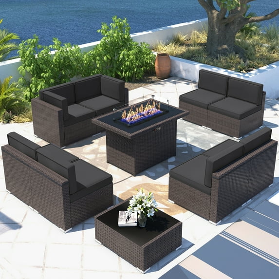 Sunny Hill Rattan 10 Piece Patio Outside Conversation Sofa Set with Coffee Table, Brown