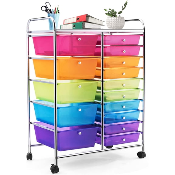 Sunny Lane 15 Drawer Rolling Storage Cart, Mobile Storage Organizer | Removable Drawers & Metal Frame, Multipurpose Utility Tools Paper Organizer on Wheels for Home, Office (Rainbow)
