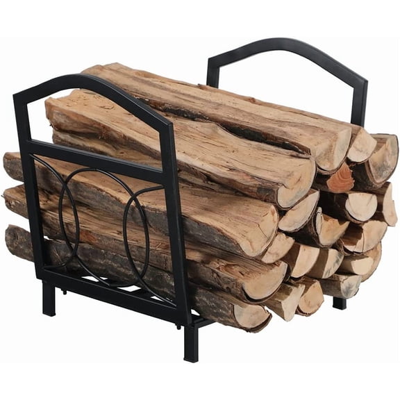 Sunny Lane 17 Inch Small Firewood Log Rack Indoor/Outdoor Steel Wood Storage Log Rack Bin Wood Holder Fireplace Accessories Circle Design, Black