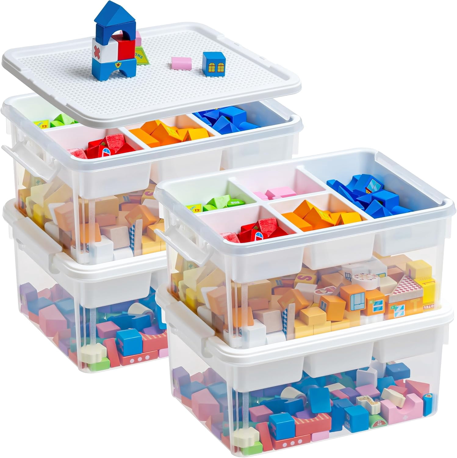 Sunny Lane 17 QT Storage Bins with Building Baseplate Lid and Removable Tray Large Plastic Storage Bins Lego Organizers and Storage Bead, Tool, Sewing, 4 Packs