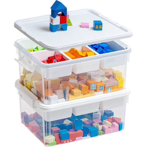 Sunny Lane 17 QT Storage Box with Building Baseplate Lid and Removable Tray Office Organization Kitchen Organization Toy Storage Bead, Tool, Sewing, 2 Packs