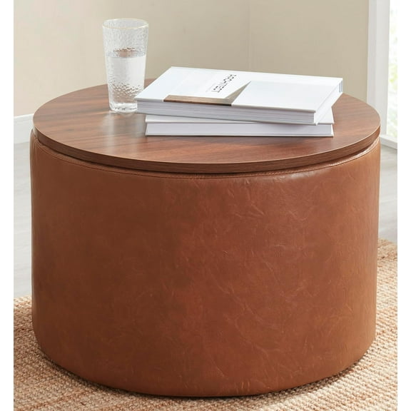 Sunny Lane 22 inch Large Round Ottoman Coffee Table Storage Ottoman with Wooden Lift Off Lid, Ottoman with Storage for Living Room, Bedroom and Office, Faux Leather Mocha