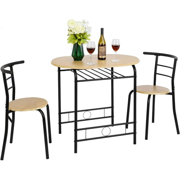 Sunny Lane 3 Piece Dining Set,Small Kitchen Table Set for 2,Breakfast Table Set for 2,Kitchen Wooden Table and 2 Chairs for Small Space/Dining Room/Apartment,Metal Frame,Wine Rack,Black&Natural