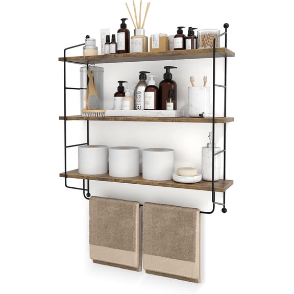 Sunny Lane 3-Tier Floating Bathroom Shelves for Wall - Wood Wall Storage for Towels, Over The Toilet Storage Cabinet, Gaming Floating Shelves, Bathroom Accessories, and Home Decor (Brown)
