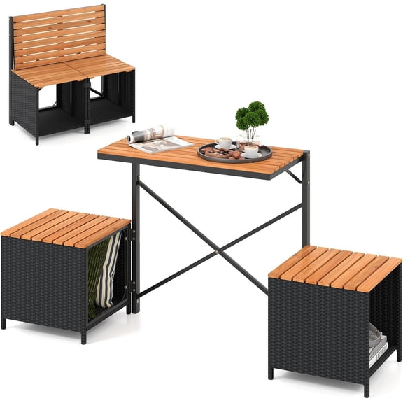 Sunny Lane 3-in-1 Convertible Bench Bar Table, Outdoor Folding Table and Chairs w/Metal Frame & Woven Rattan, Interchangeable Acacia Wood Garden Loveseat, Convert A Bench for Porch Backyard Balcony