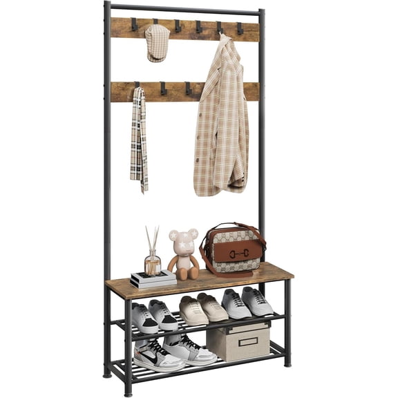 Sunny Lane 3-in-1 Hall Tree, Mudroom Bench with Storage Metal Shelves and 11 Removable Hooks, Industrial Entryway Storage Bench, Easy Assembly, 33.5 13.5 73 Inches, Rustic Brown