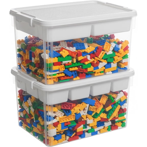 Sunny Lane 32 QT Stackable Toy Storage with Building Baseplate Lid and Removable Tray Tool Box Organizer Storage Bins with Lids for Organizing Bead, Tool, Sewing, 2 Packs