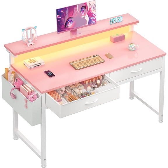Sunny Lane 39.4Inch Office Computer Desk with LED Lights & 2 Fabric Drawers, Gaming Desk with Side Pocket & Ergonomic Monitor Stand, Small Space Study Writing Table with Anti-Tip Design,Pink