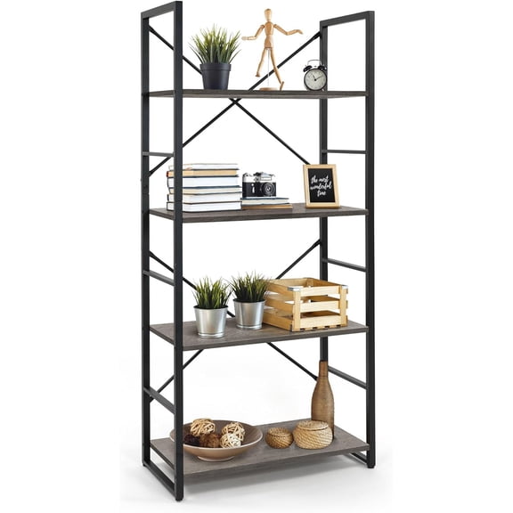 Sunny Lane 4 Tier Bookshelf, 24 Inch Width Free Standing Shelf, Bookcase Shelf Storage Organizer, Industrial Book Shelves for Home Office, Living Room,Kitchen, Dark Grey Vintage Shelves & Metal Frame