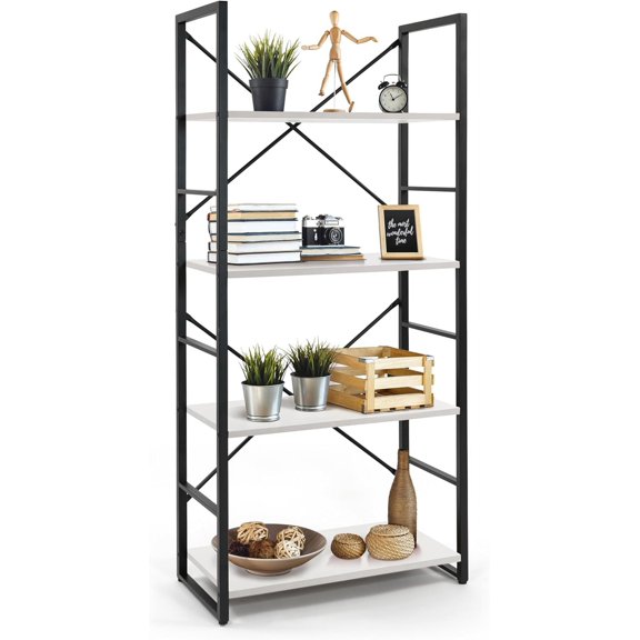 Sunny Lane 4 Tier Bookshelf, 24 Inch Width Free Standing Shelf, Bookcase Shelf Storage Organizer, Industrial Book Shelves for Home Office, Living Room, Kitchen, White Shelves & Metal Frame