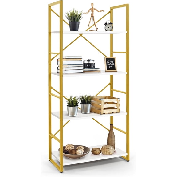 Sunny Lane 4 Tier Bookshelf, Bookcase Shelf Storage Organizer, Living Room, Kitchen, 24 Inch Width Free Standing Shelf, Industrial Book Shelves for Home Office, White Wooden Shelves & Gold Frame