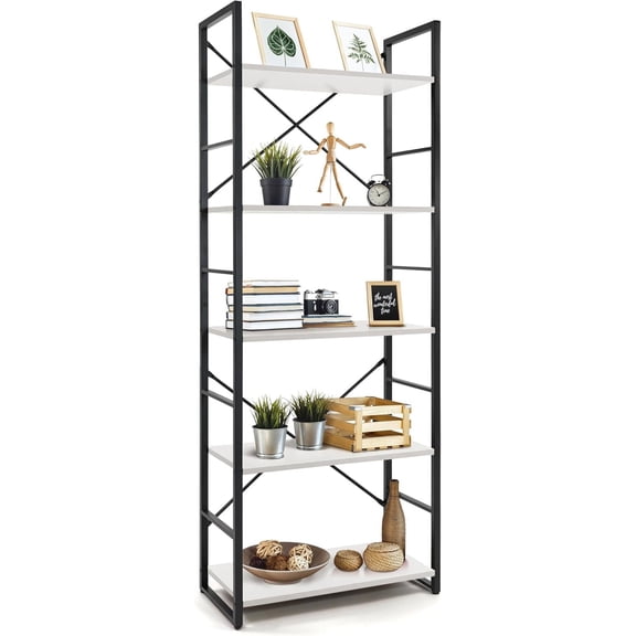Sunny Lane 5 Tier Bookshelf, 24 Inch Width Free Standing Shelf, Bookcase Shelf Storage Organizer, Industrial Book Shelves for Home Office, Living Room, Kitchen, White Shelves & Metal Frame