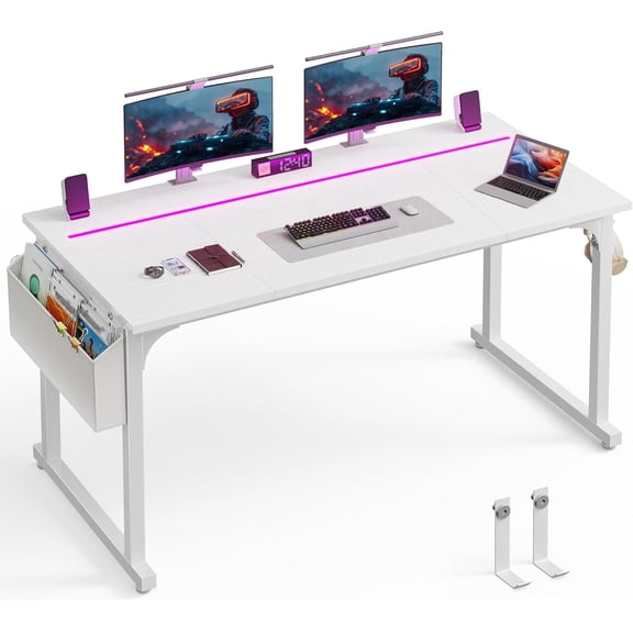 Sunny Lane 55 Inch White Computer Desk with LED Lights, Office Desk with Storage Bag for Home Office, Gaming Desk with Headphone Hook for Study Writing Work Desk,Sturdy Metal Frame