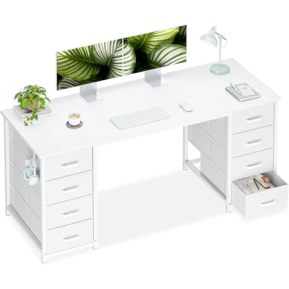 Sunny Lane 55 Inches Computer Desk with 8 Fabric Drawers, Modern Office Desk with Large Storage for Home Office, Study, White