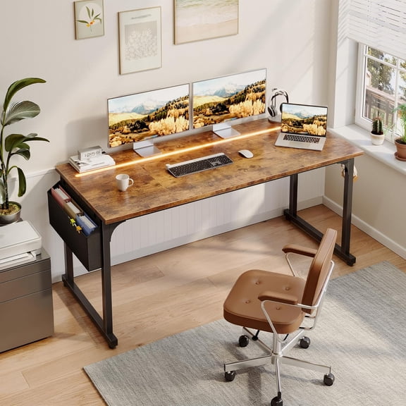 Sunny Lane 55" Office Desks with LED Lights,Gaming Writing Work from Home Study Desk with Storage Bag,Home Office Desk with Headphone Hook Sturdy Metal Frame, Rustic Brown