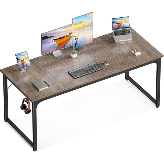 Sunny Lane 63 Inch Computer Desk for Home Office, Study Writing Table for Small Spaces, Simple Modern Desk with Headphone Hooks, Grey Oak