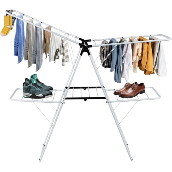 Sunny Lane Clothes Drying Rack, Foldable 2 Tier Clothing Rack with Height-Adjustable Wings, 33 Drying Rails&Sock Clips, Portable Space Saving Laundry Drying Rack for Apartment, RV, Indoor&Outdoor Use