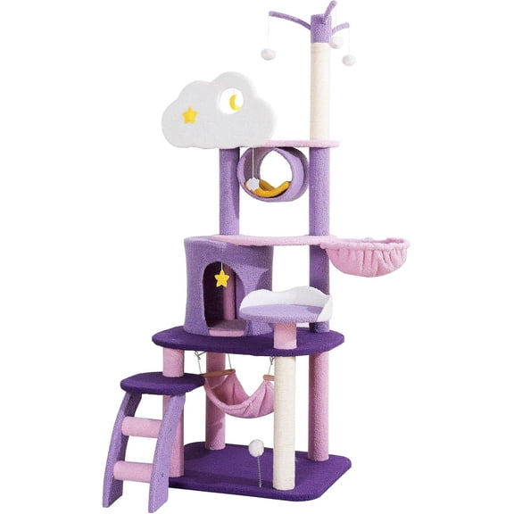 Sunny Lane Cloud Cat Tree, 65 Inch Purple Cat Tree Cute for Indoor Cats, Pink Moon Cat Tree Tower with Scratching Post, Hammock and Condo, Large Tall Cat Tree for Kittens Cats