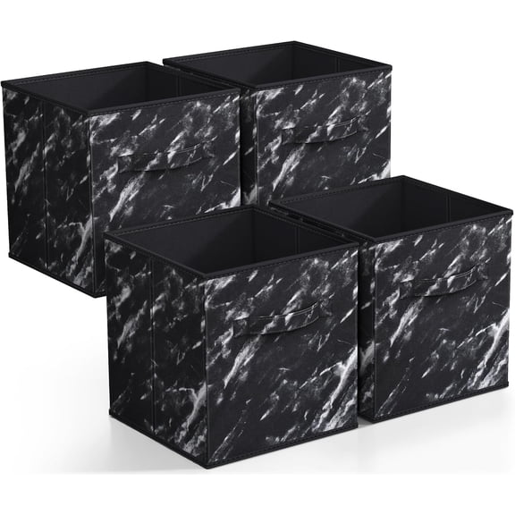 Sunny Lane Collapsible Fabric Storage Cubes - 11" Foldable Organization Baskets with Handle - 4 Black Marble for Pantry, Closet, Nursery, Dorm, Toy Storage