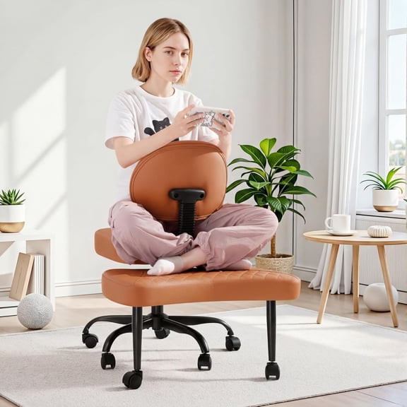 Sunny Lane Ergonomic Criss Cross Legged Office Chair, 360 Swivel Meditation Kneeling Chair with Wheels, ADHD Chair with Footrest, Lumbar Support, Wider Height Adjustable Seat (Brown, Faux Leather)