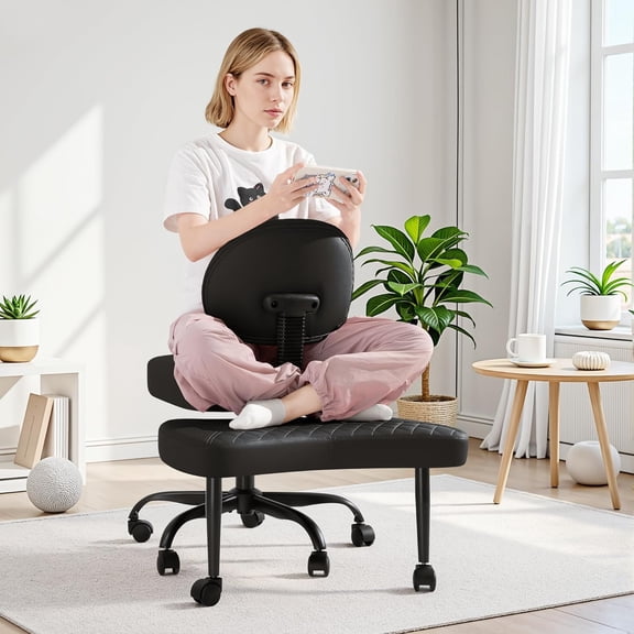 Sunny Lane Ergonomic Criss Cross Legged Office Chair, 360 Swivel Meditation Kneeling Chair with Wheels, ADHD Chair with Footrest, Lumbar Support, Wider Height Adjustable Seat (Black, Faux Leather)