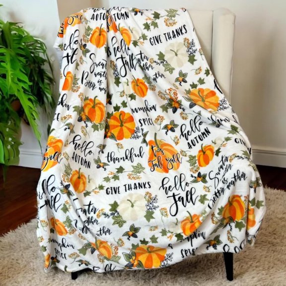 Sunny Lane Fall Throw Blanket: Colorful Autumn Harvest Time Saying and Pumpkin Print on Soft White Velvet Fleece for Sofa Bed Couch Chair or Dorm