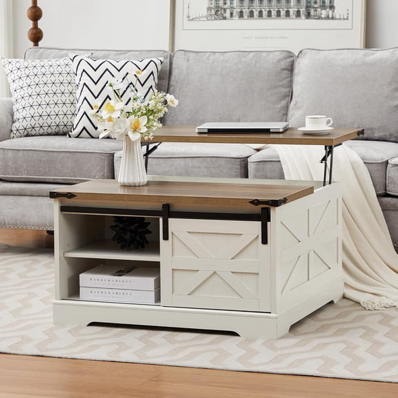 Sunny Lane Farmhouse Lift Top Coffee Table, Wood Square Coffee Table with Sliding Barn Door and Adjustable Shelf Rustic Center Table with Hidden Storage Compartment for Living Room, Rustic White