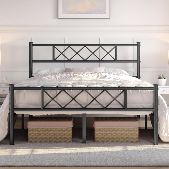 Sunny Lane Full Size Metal Platform Bed Frame with Simple Headboard and Footboard, Mattress Foundation for Under Bed Storage, Steel Slat Support, No Box Spring Needed, Easy Assembly, Black
