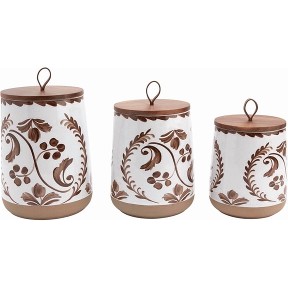 Sunny Lane  Gallery Ceramic Canister Collection- Stoneware Designed Kitchen Storage Acacia Wood White Set, 3 Piece Botanical Brown Canister Set