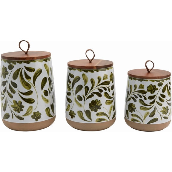 Sunny Lane  Gallery Ceramic Canister Collection- Stoneware Designed Kitchen Storage Acacia Wood White Set, 3 Piece Botanical Green Canister Set