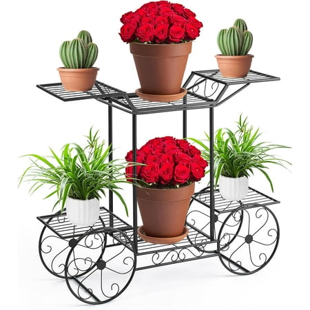 Sunny Lane® Garden Cart Stand & Flower Pot Plant Holder Display Rack, 6 Tiers, Parisian Style - Perfect for Home, Garden, Patio (Black)
