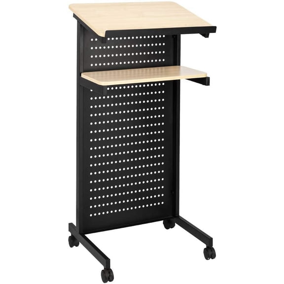 Sunny Lane Height Adjustable Portable Podium Stand, Wheeled Lectern with Storage Shelf, Rolling Pulpits with Edge Stopper for Church, Ceremony,Classroom Lecture Speech Teach Platform (Yellow & Black)