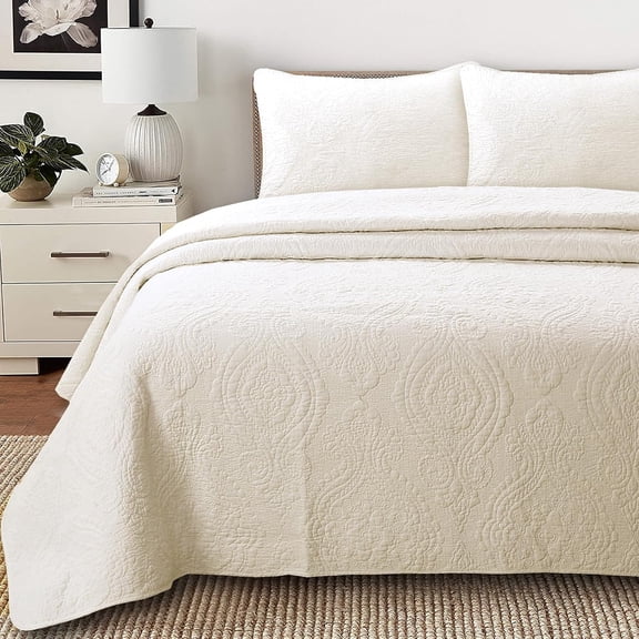 Sunny Lane Home Fashions Ivory Cotton Quilt Set 3-Piece Quilted Damask Medallion Bedspread with Shams, Textured All Season Elegant Bedding, King