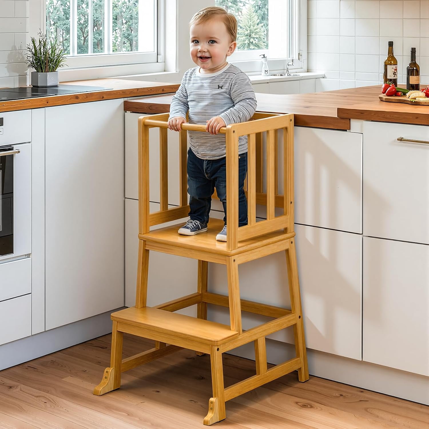 Sunny Lane Kitchen Step Stool for Toddlers – Stable A-Frame Design Kids Standing Tower with Protective Crossbar – Wooden Learning Stool for Kitchen Island Counter, Bathroom (Natural)