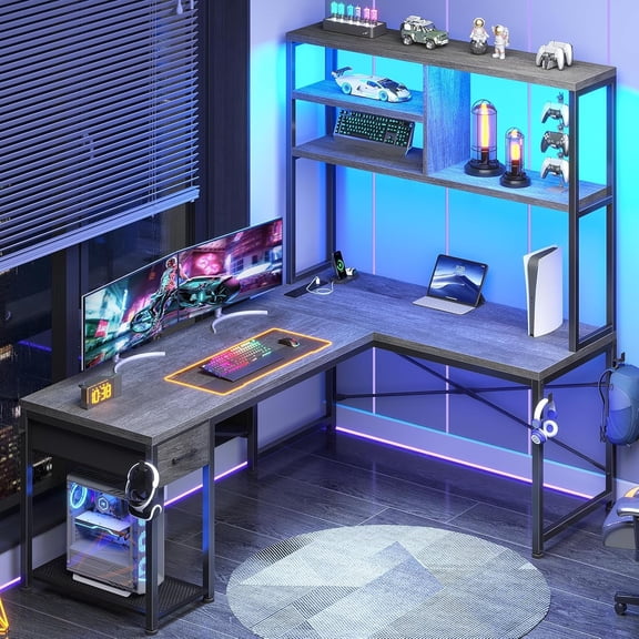Sunny Lane L Shaped Gaming Desk, 51.2" Reversible Small Corner Desk with Drawer, Power Outlet & LED Lights, Computer Desk with Storage Shelves for Small Space, Grey