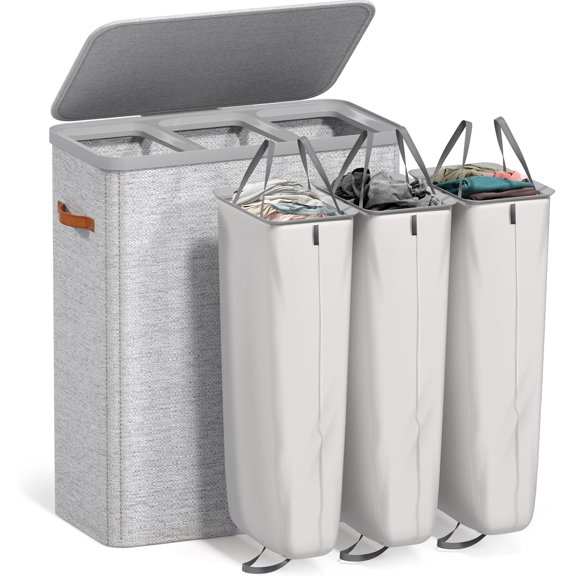 Sunny Lane Laundry Hamper with Lid-Collapsible 3-Compartment Fabric Laundry Basket with Handles and Removable Laundry Bag50 Gallon (190 L) Dirty Clothes Hamper for Bedroom, bathroom and dorm (Gray)