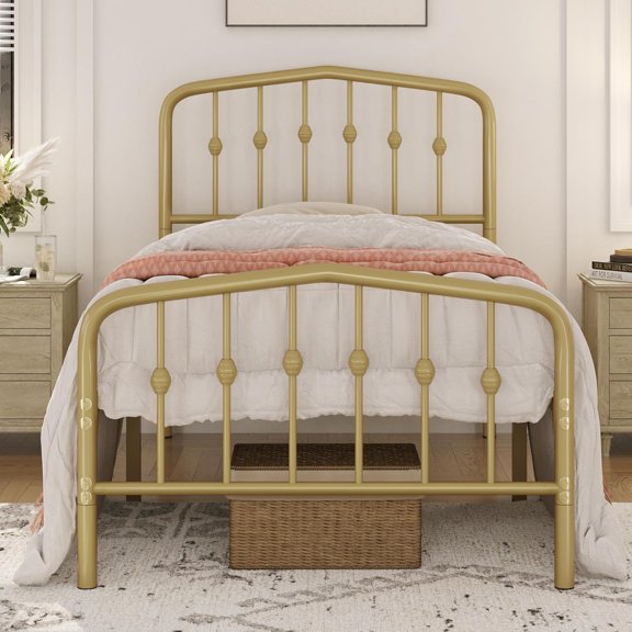 Sunny Lane Metal Bed Frame Twin Size Metal Platform Bed Frame with Victorian Style Headboard/Footboard/Easy Assembly/No Box Spring Needed/Antique Gold