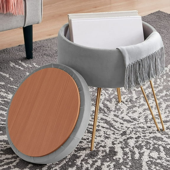 Sunny Lane Modern Round Velvet Storage Ottoman Foot Rest Stool/Seat with Gold Metal Legs & Tray Top Coffee Table - Silver